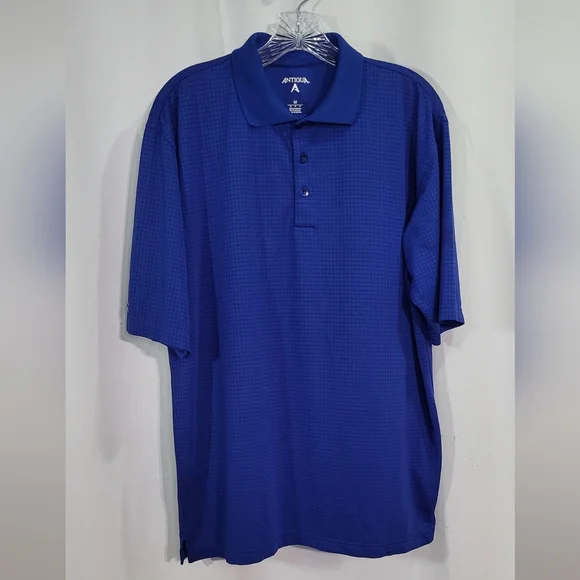 Antigua Men's Cobalt Blue Logo Windowpane 3 Button Polo Shirt Size Medium EUC - Picture 2 of 6